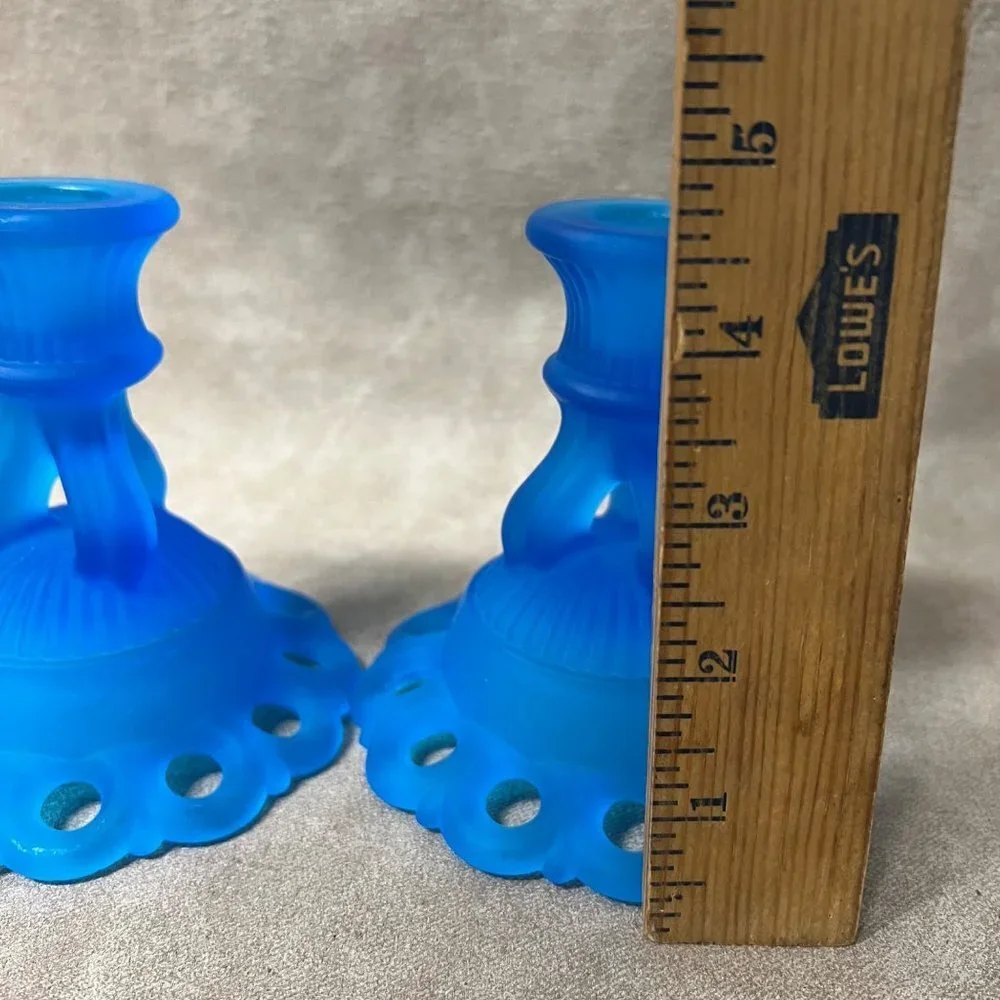 1960s Mid-Century Westmoreland Art Glass Candle Holders in Blue Satin Mist, Dori